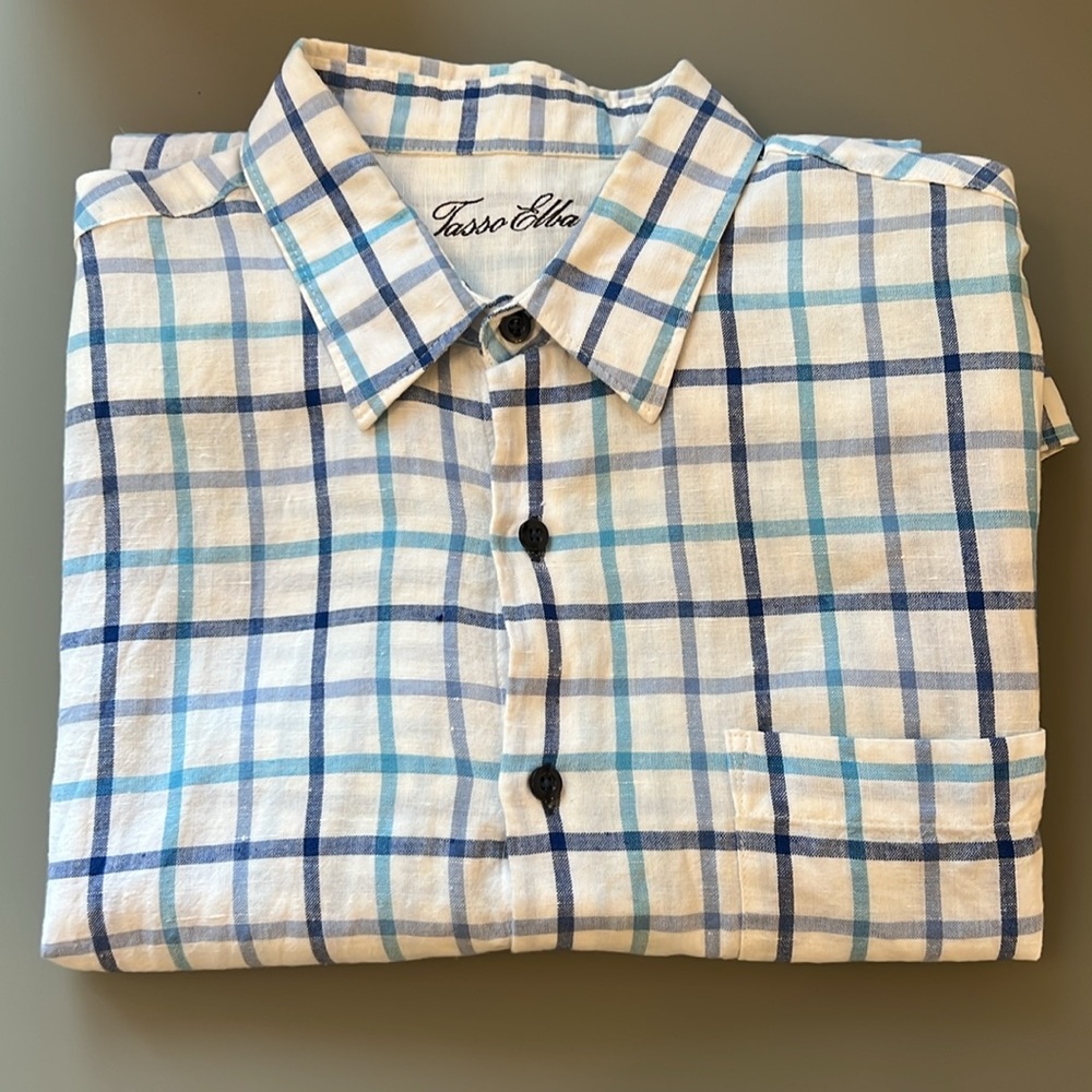 ElbaTasso Elba Mens size L .Linen/Cotton White Blue Checkered Long Sleeve Button